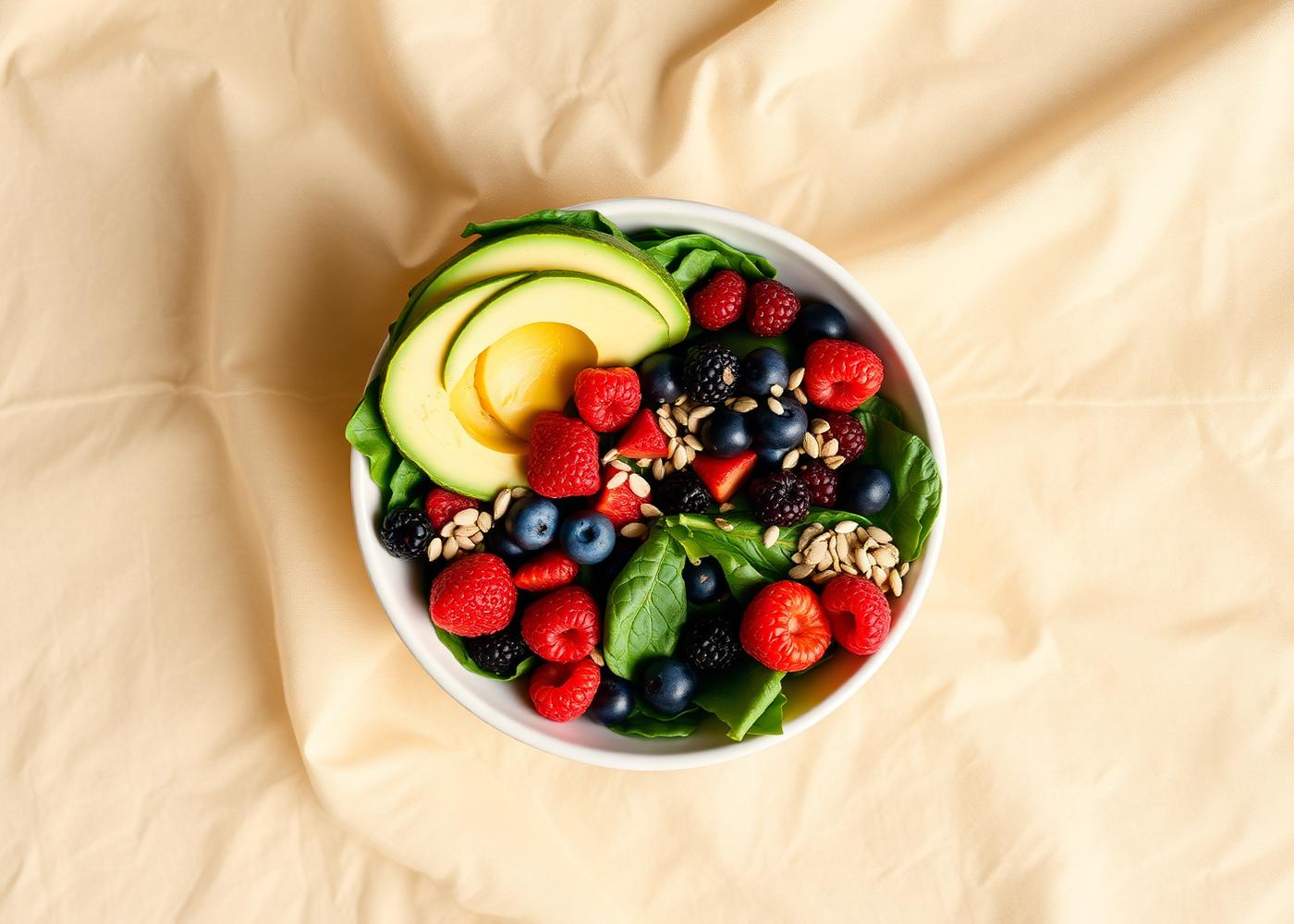 Colorful healthy bowl with fresh greens and berries